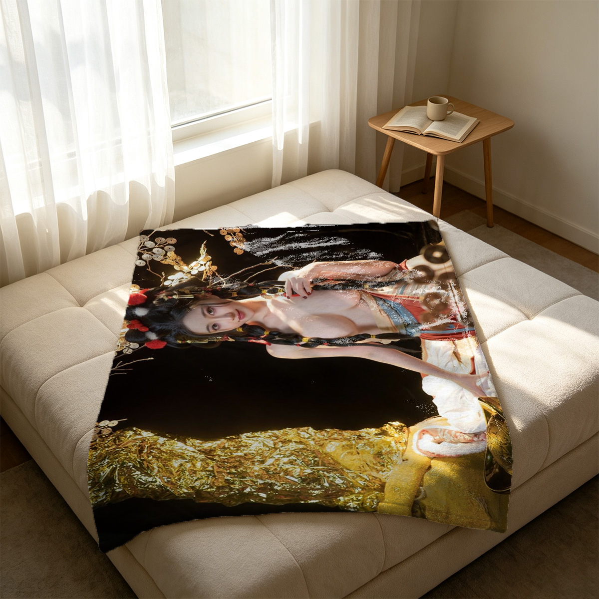 Nude woman with long hair posing on bed in hotel room - Blanket