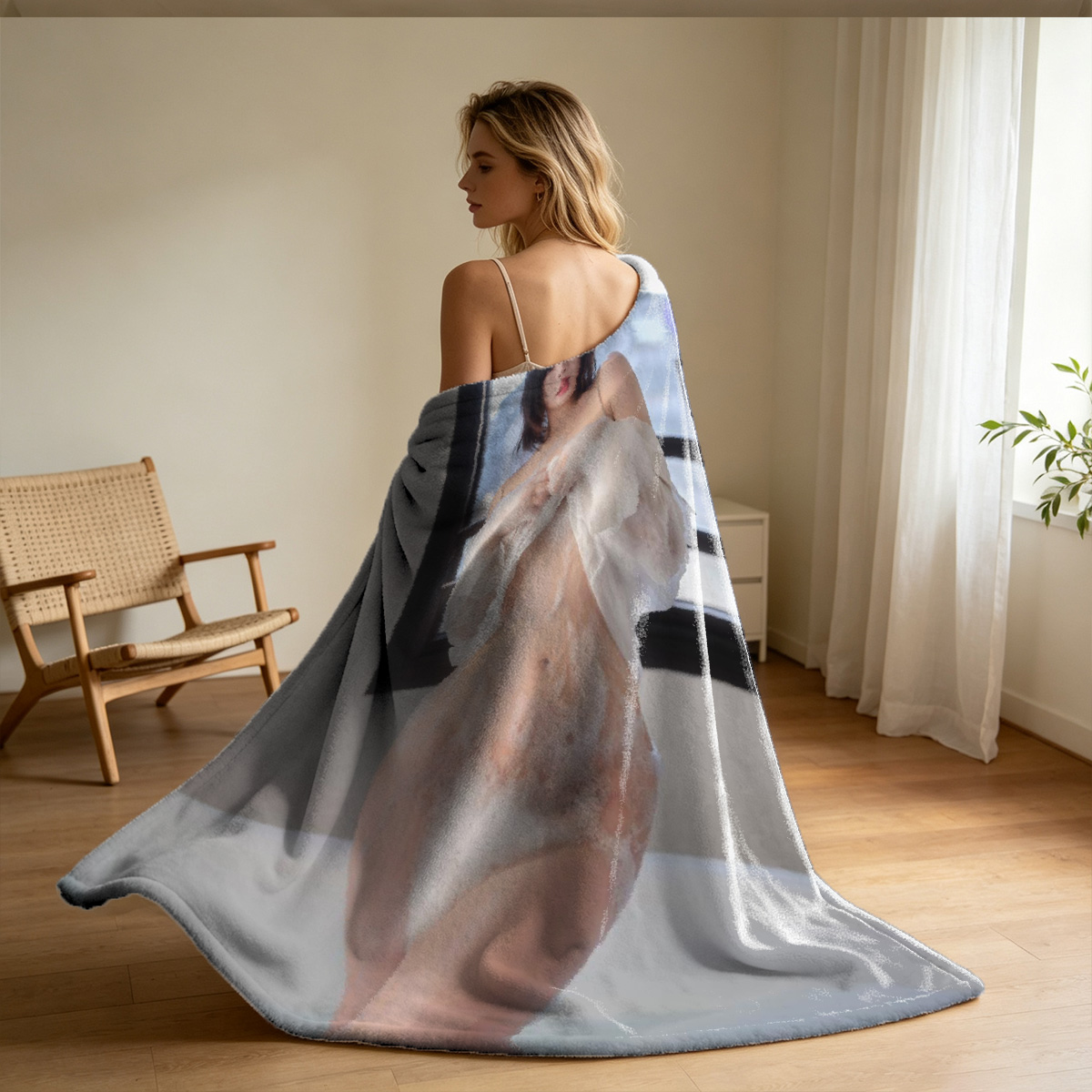 Nude brunette on purple bed sheets looking back over shoulder - Blanket