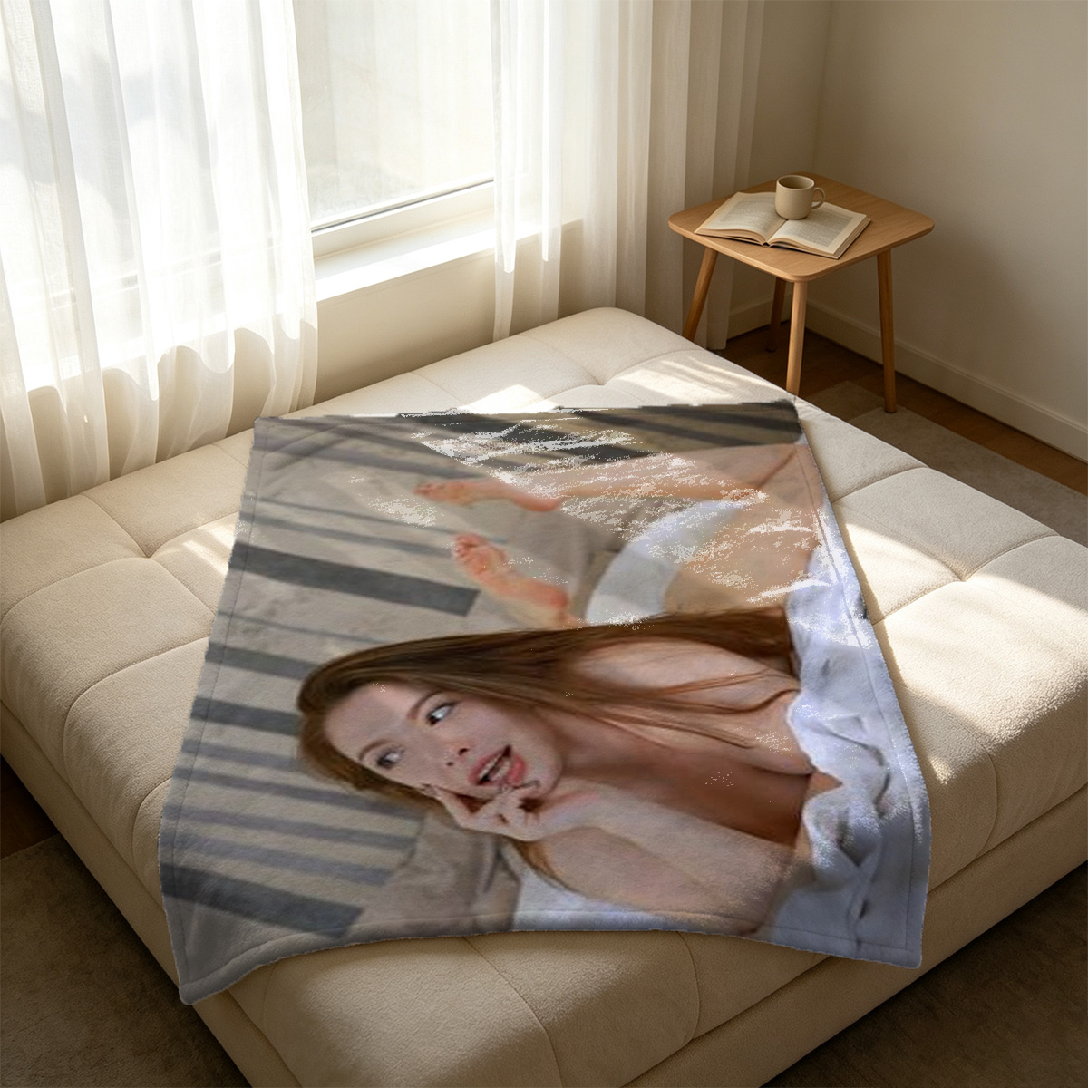 A seductive office lady in black lace lingerie and glasses posing by the door. - Blanket