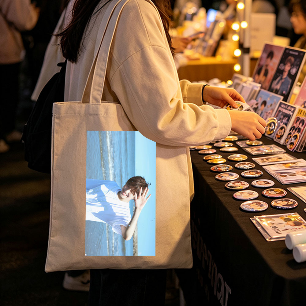 BTS Jungkook Beach Scene Smiling and Waving in White T-Shirt - Canvas tote bags