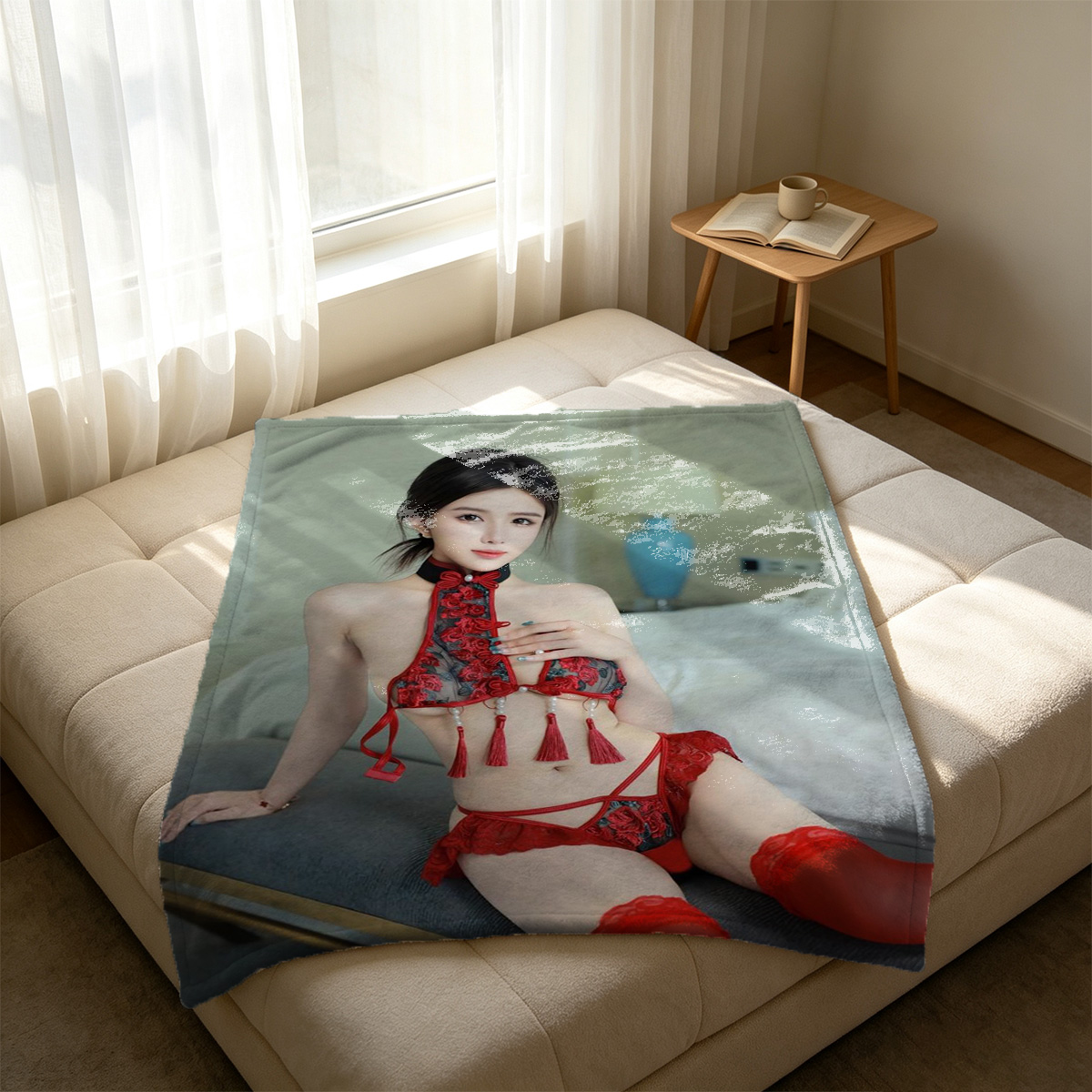 A beautiful Asian woman in black lingerie and stockings kneeling on a bed. - Blanket