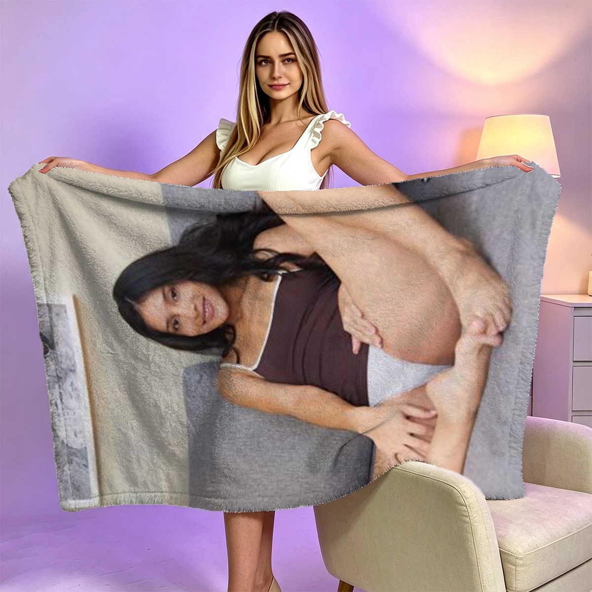 A woman in an unbuttoned white shirt posing on a bed. - Blanket