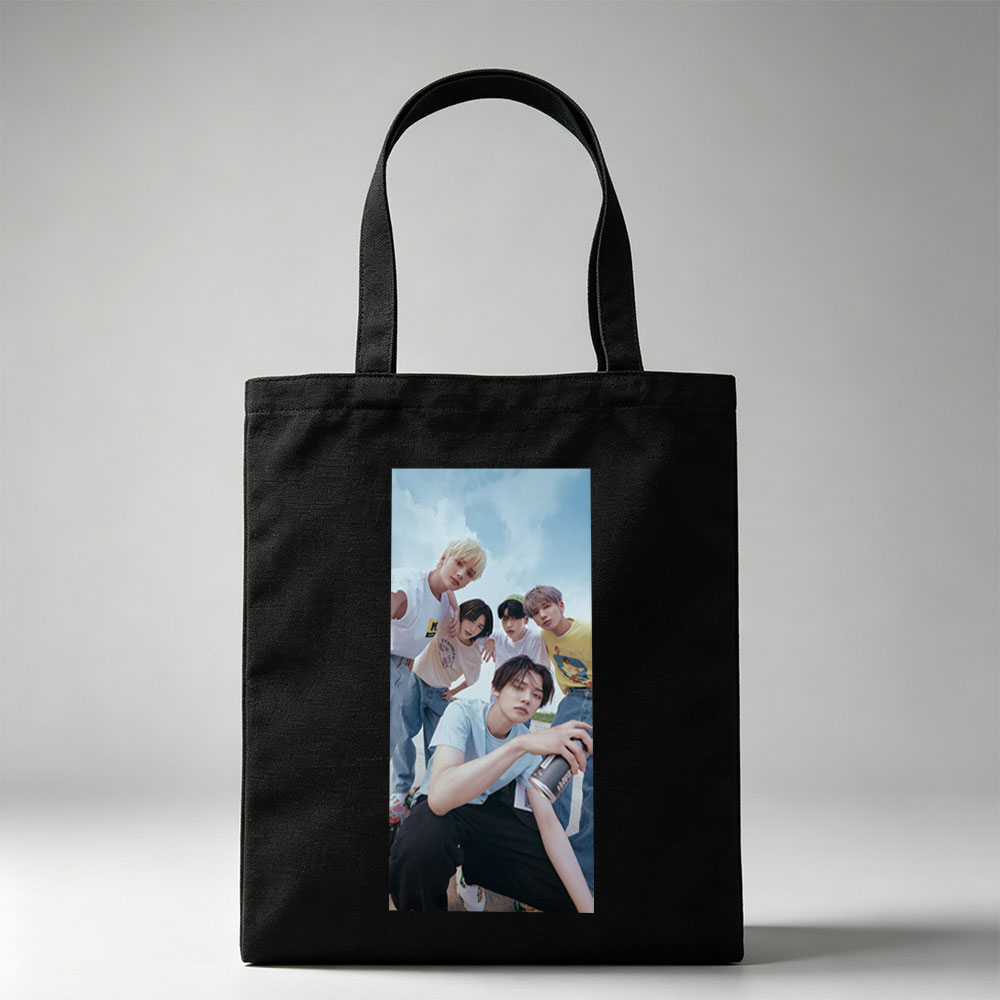 TXT Members in Casual Outfit Pose Outdoors with Cans and Expressive Gestures - Canvas tote bags