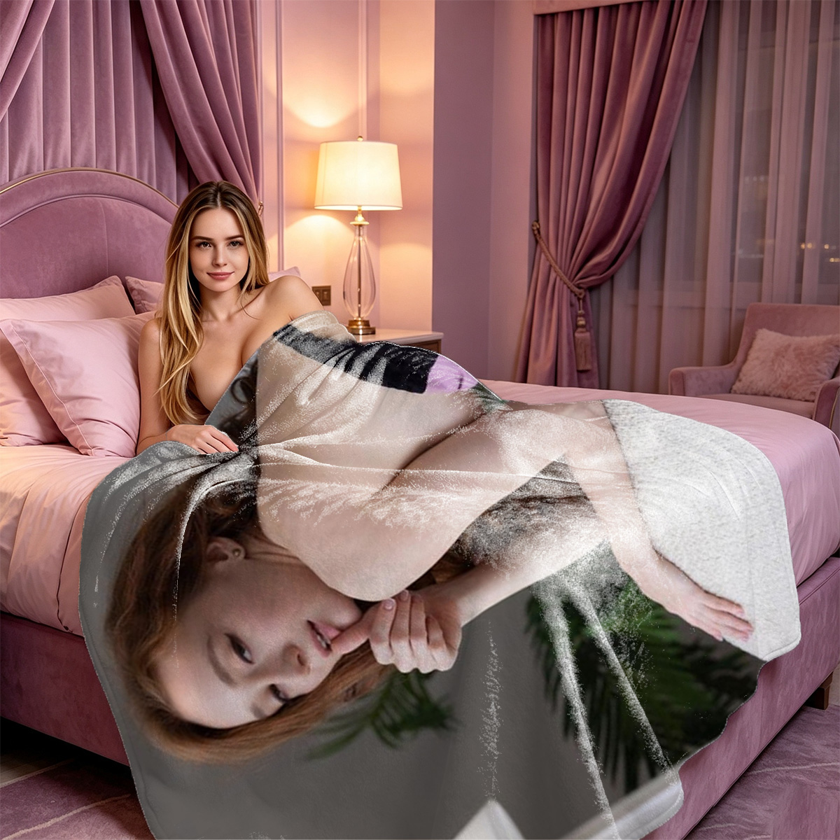 Two Women in Black Lingerie and Stockings on Luxurious Bed - Blanket