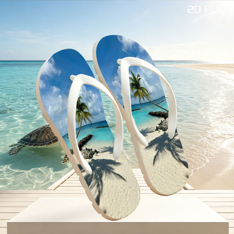 Tropical beach with palm tree leaning over turquoise water and white sand under blue sky. -  flip-flops