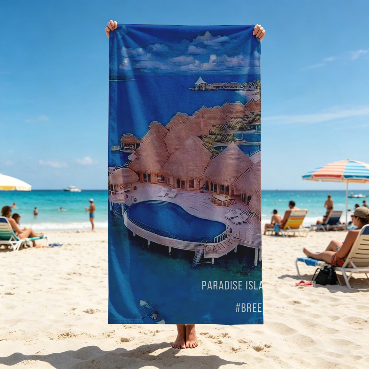 Overwater bungalows with private pools on a tropical island, surrounded by crystal blue waters and lush greenery. - Beach towels