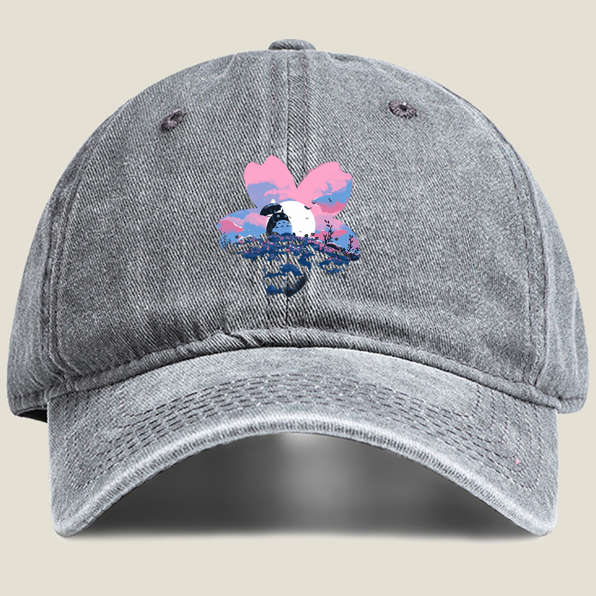 Totoro Under Cherry Blossom Moon - Washed Denim - Baseball Cap