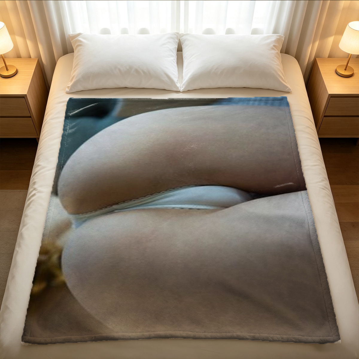 Nude woman with striped sunlight on oiled skin in wooden sauna. - Blanket