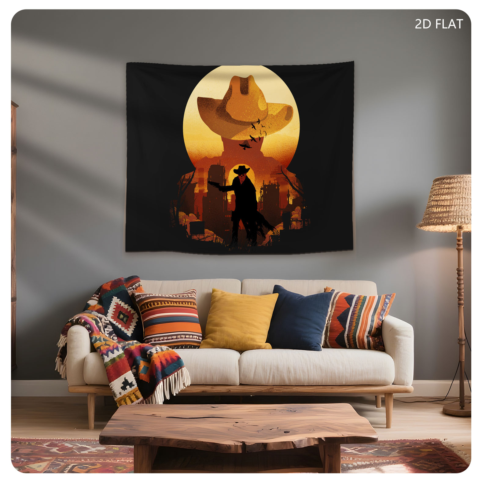 The Cowboy Silhouette Against a Moonlit Cityscape - Tapestry