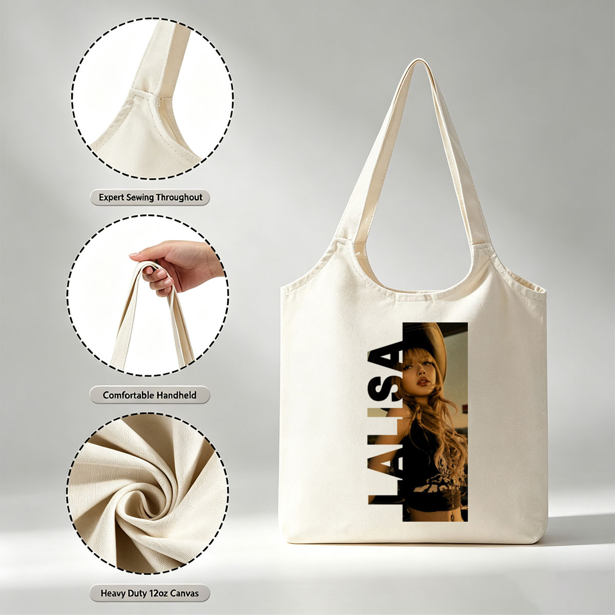 Lisa in a stylish hat and black outfit with bold text overlay - Canvas shoulder bags/