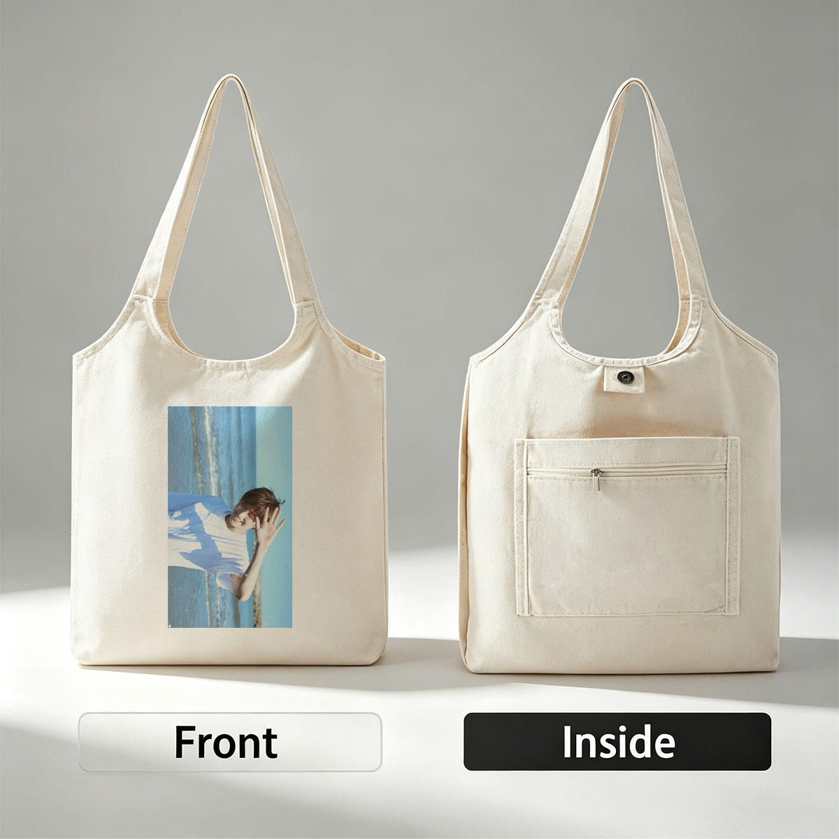 BTS Jungkook Beach Scene Smiling and Waving in White T-Shirt - Canvas shoulder bags/