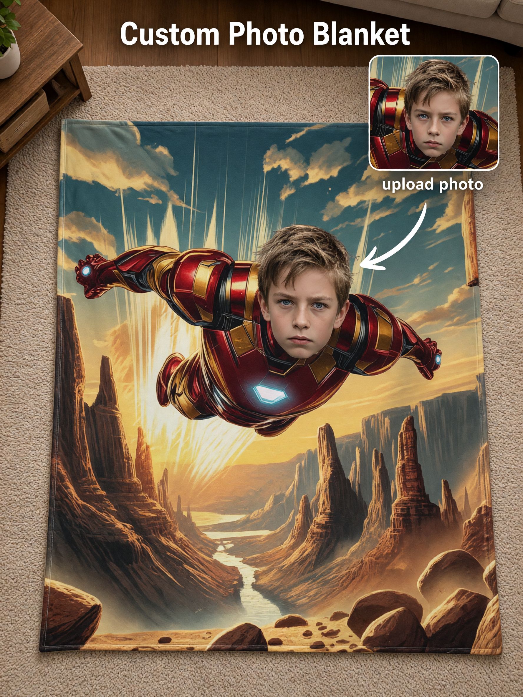 Personalized Superhero Face Photo Flannel Blanket Custom Armored Flying Hero Throw for Kids Couch Bed