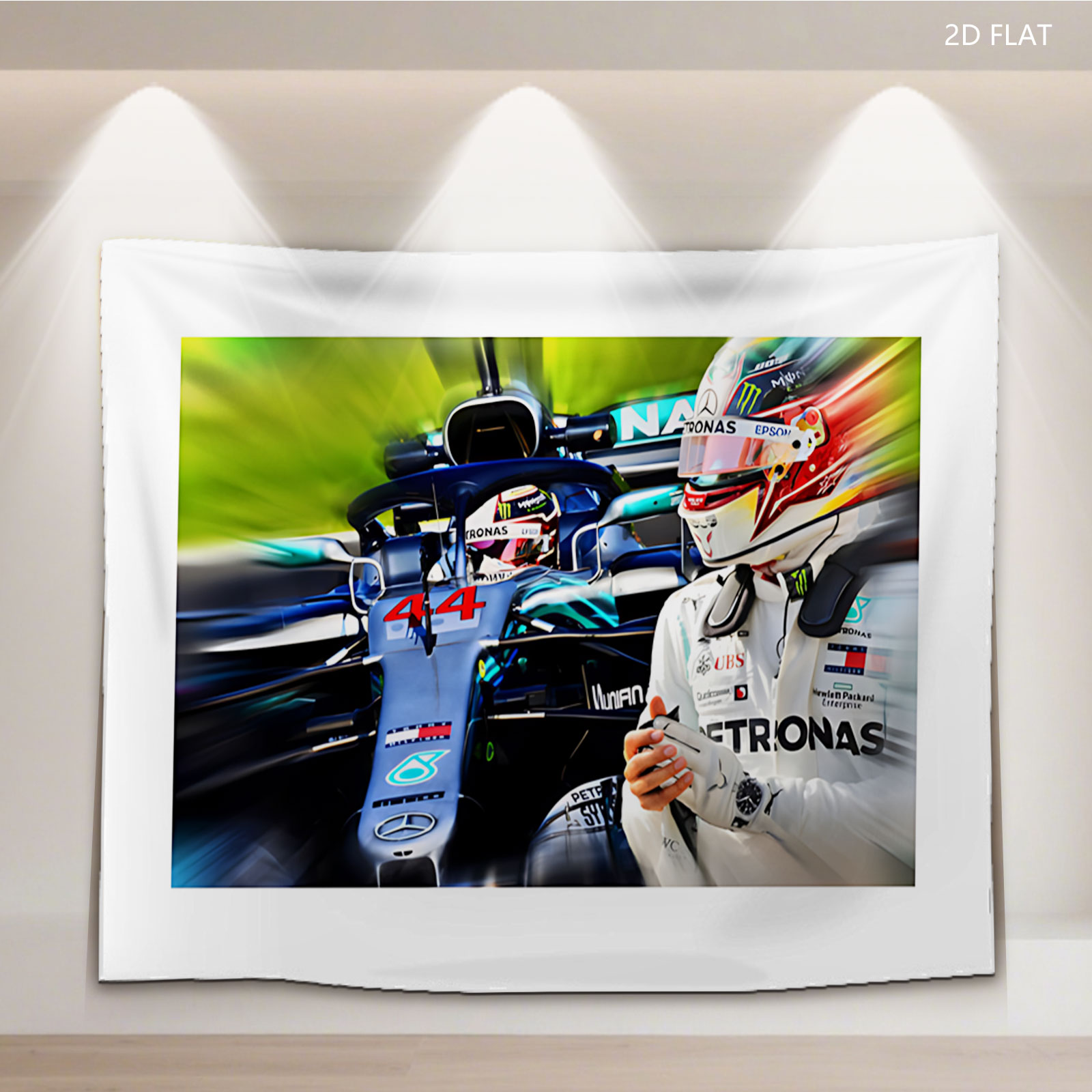 Lewis Hamilton in Mercedes F1 Car, Number 44, Petronas Sponsorship, Racing Helmet and Suit - Tapestry