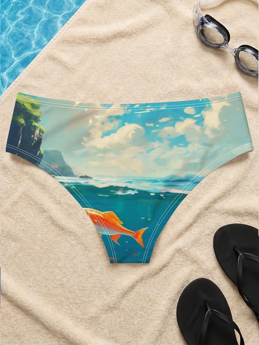 A vibrant orange fish swims gracefully in clear blue waters beneath a sunny sky. -  Men's swim trunks