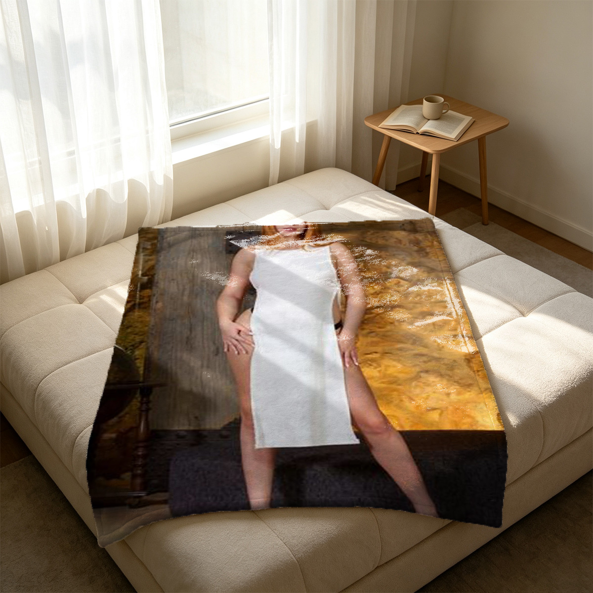 Redhead in pink lace lingerie holding a mirror. - Blanket