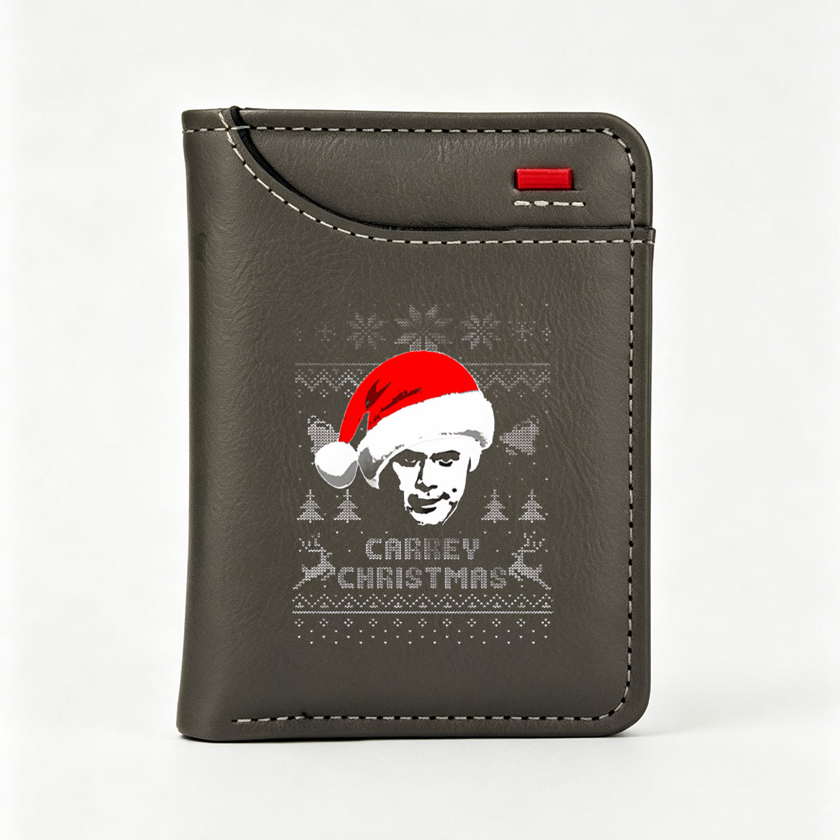 Carrey Christmas: Jim Carrey in Santa Hat on Knit Pattern Background - Vertical Style Wallet