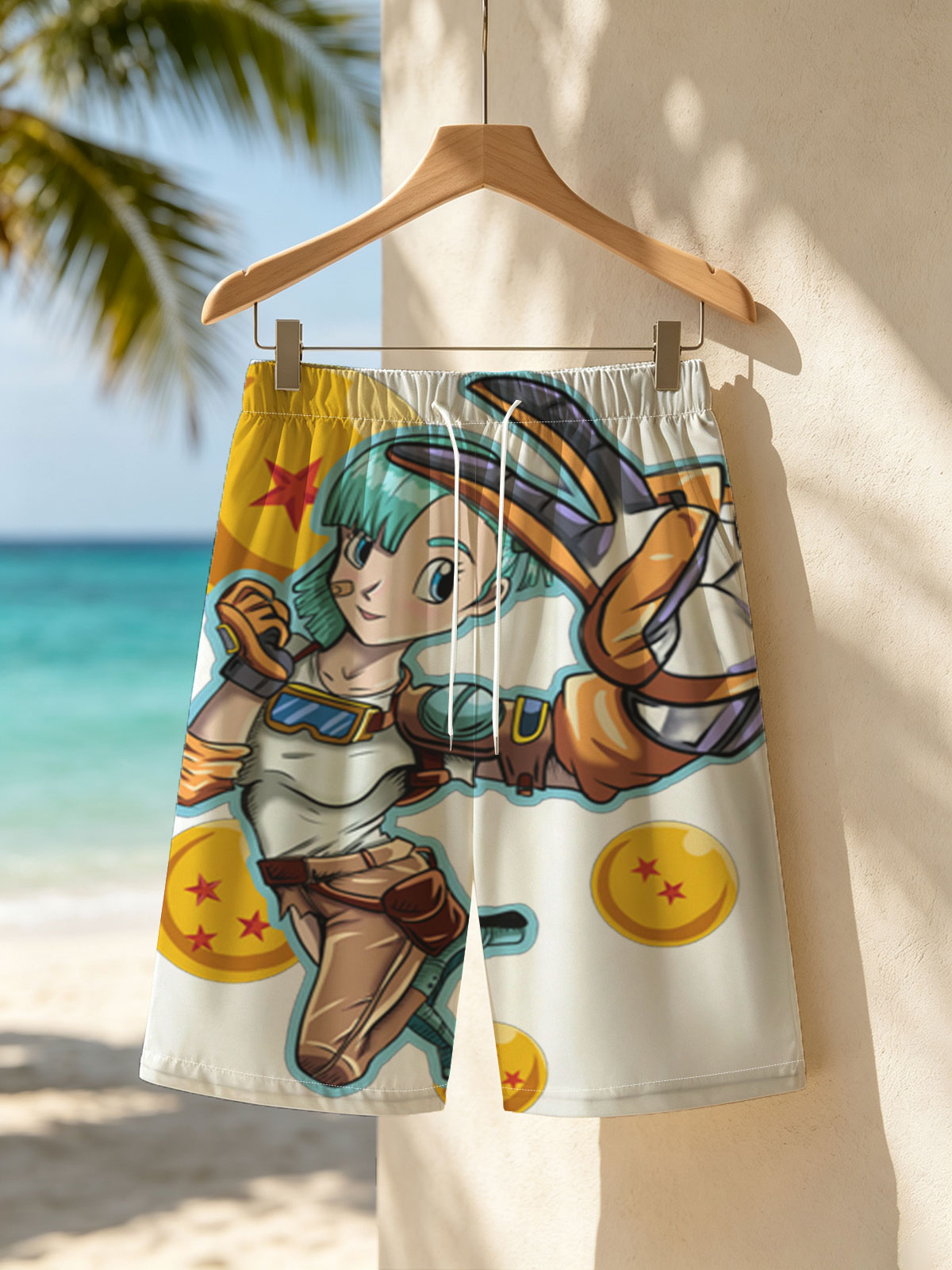 Bulma from Dragon Ball, holding a scouter, surrounded by Dragon Balls -  Beach shorts