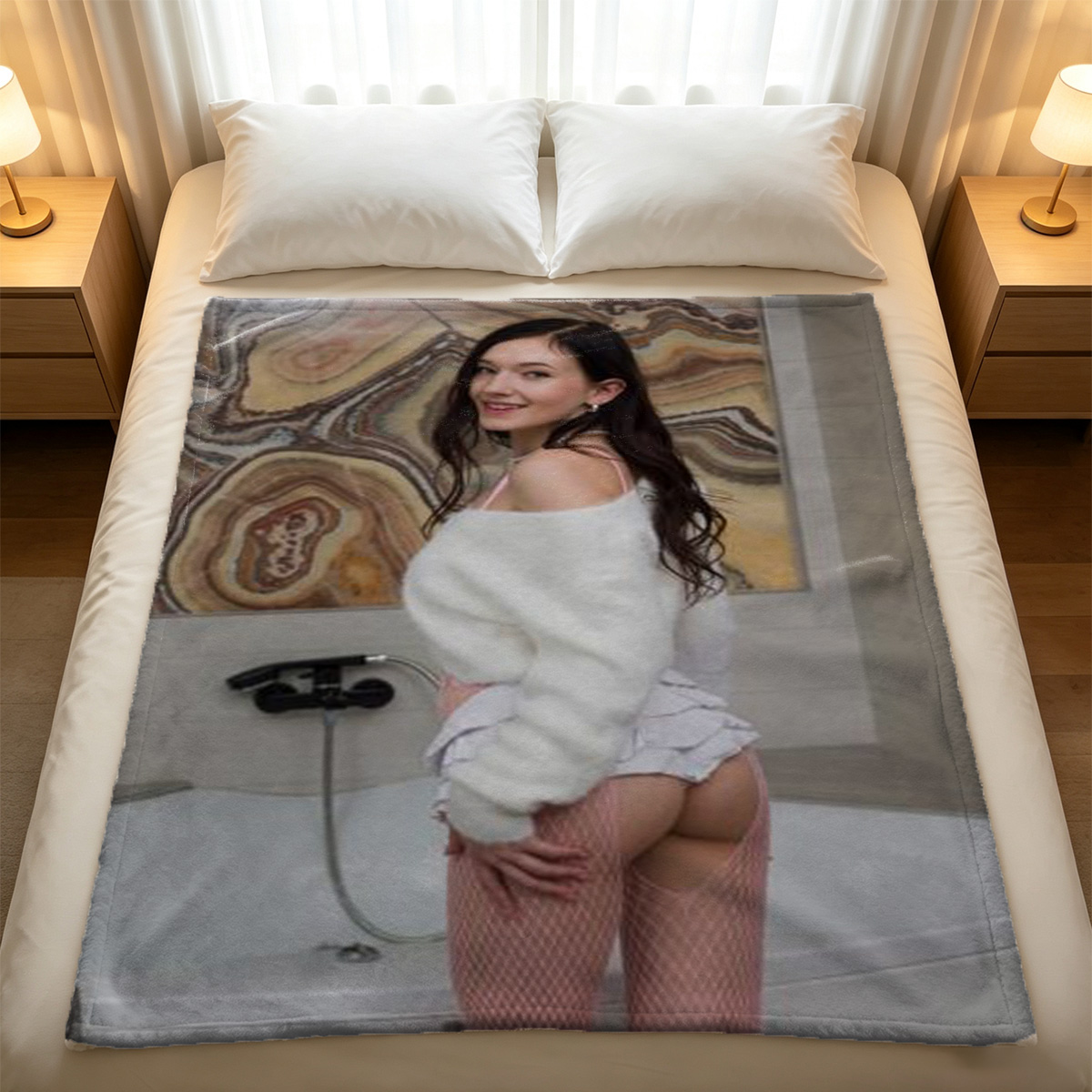 Aubrey Kate in black cardigan and fishnet bodysuit kneeling on bed. - Blanket