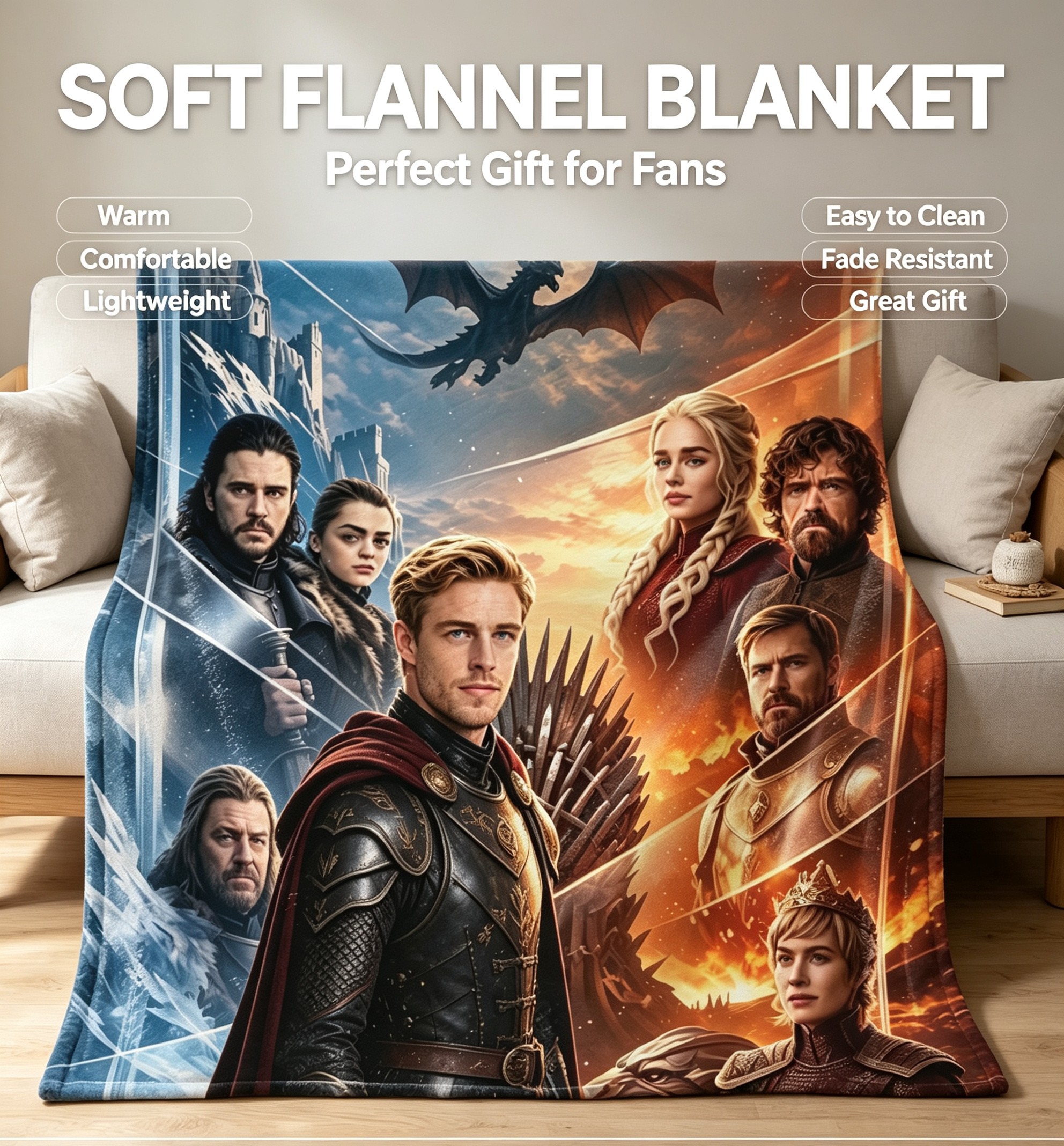 Custom Face Blanket Game of Thrones Characters Flannel Blanket Cozy Living Room Bedding Gift for Fans and Collectors