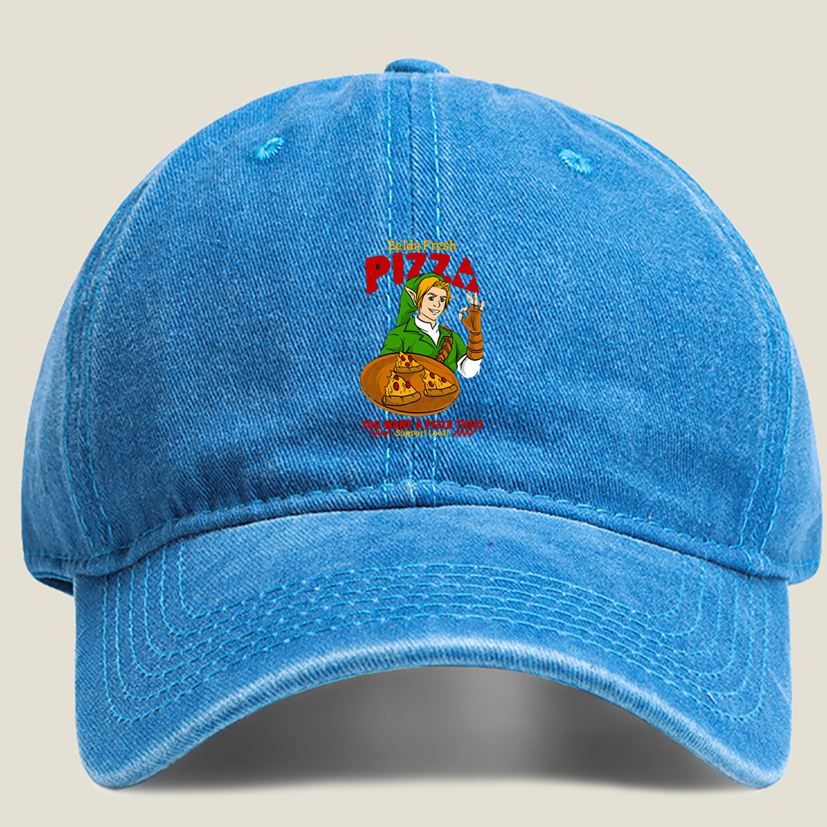 Zelda Fresh Pizza: Link Serves Pizza with a Smile - Washed Denim - Baseball Cap