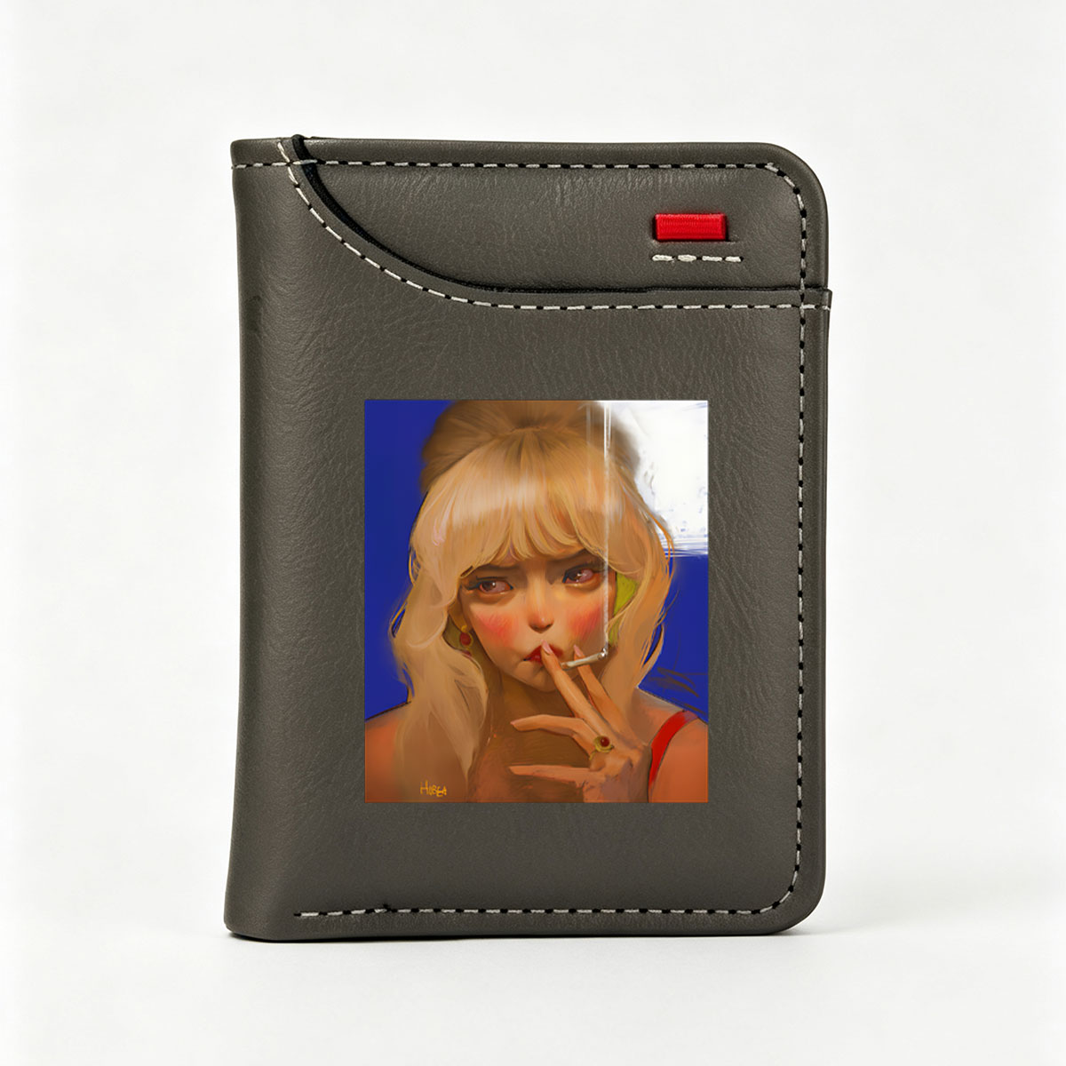 Blonde Woman Smoking Cigarette with Red Earrings and Ring - Vertical Style Wallet