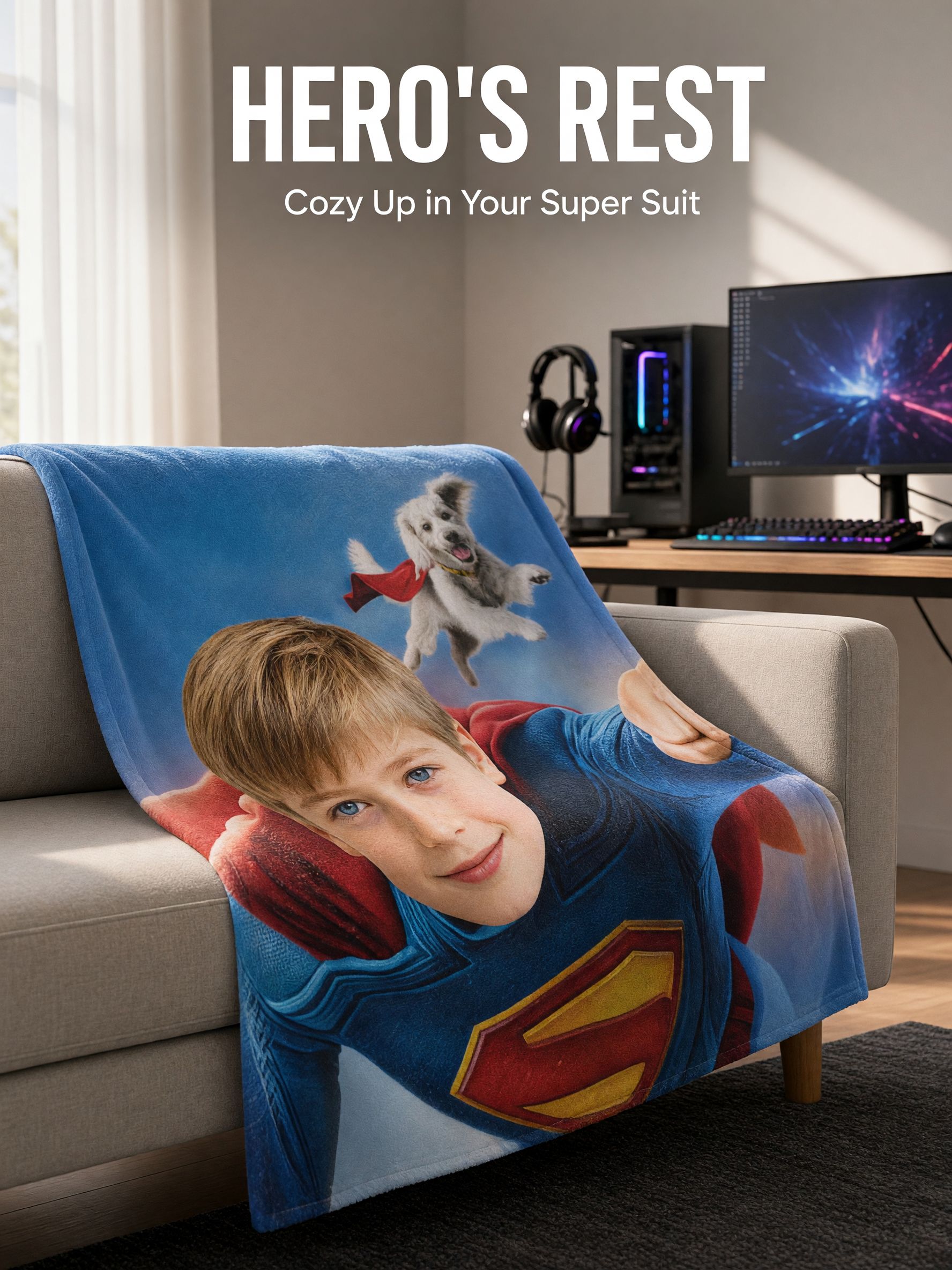 Personalized Photo Face Superhero Flannel Blanket, Ultra Soft Cozy Throw for Bed Couch, Ideal Custom Gift