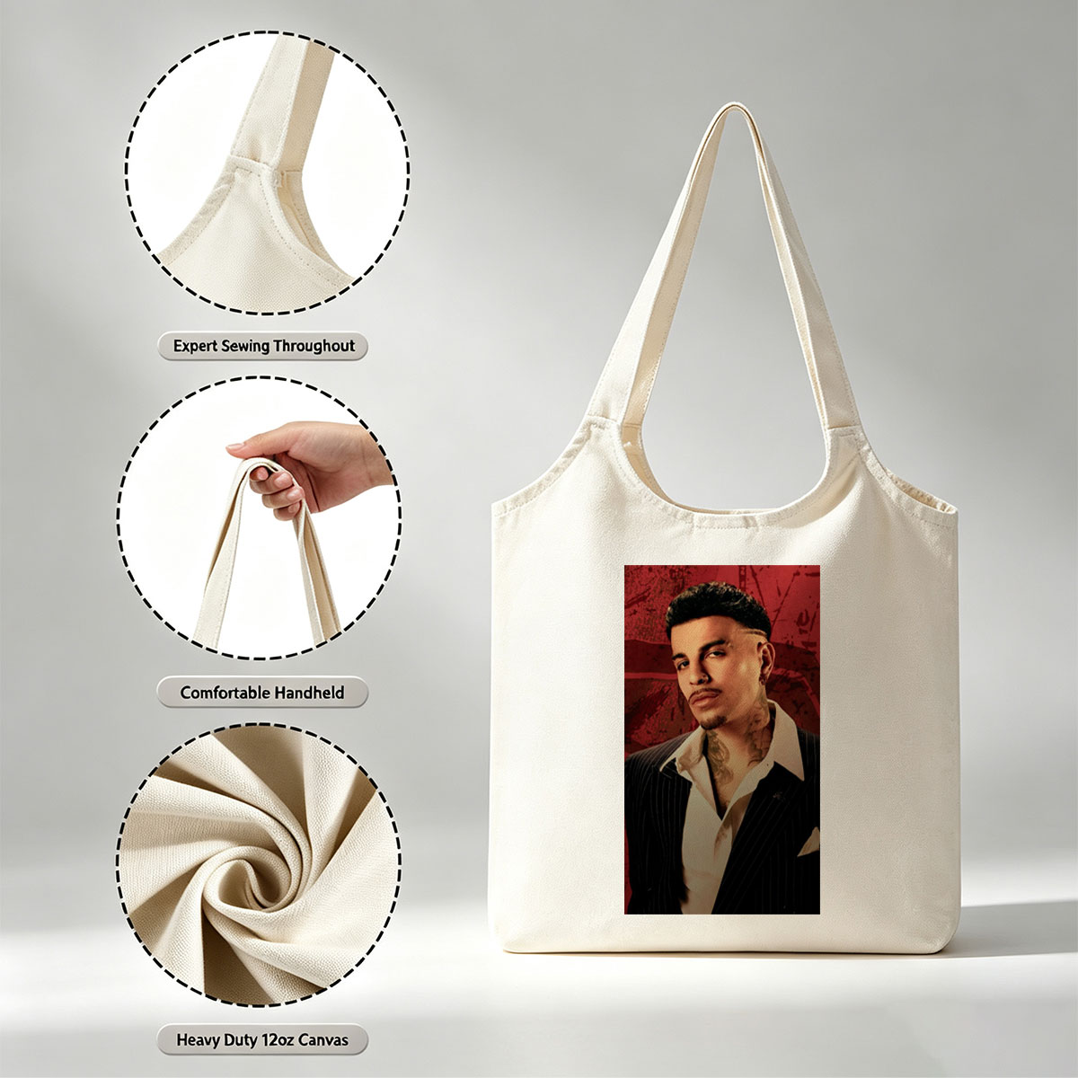 Bad Bunny in a Sharp Suit with Visible Neck Tattoos Against a Red Grunge Background - Canvas shoulder bags/