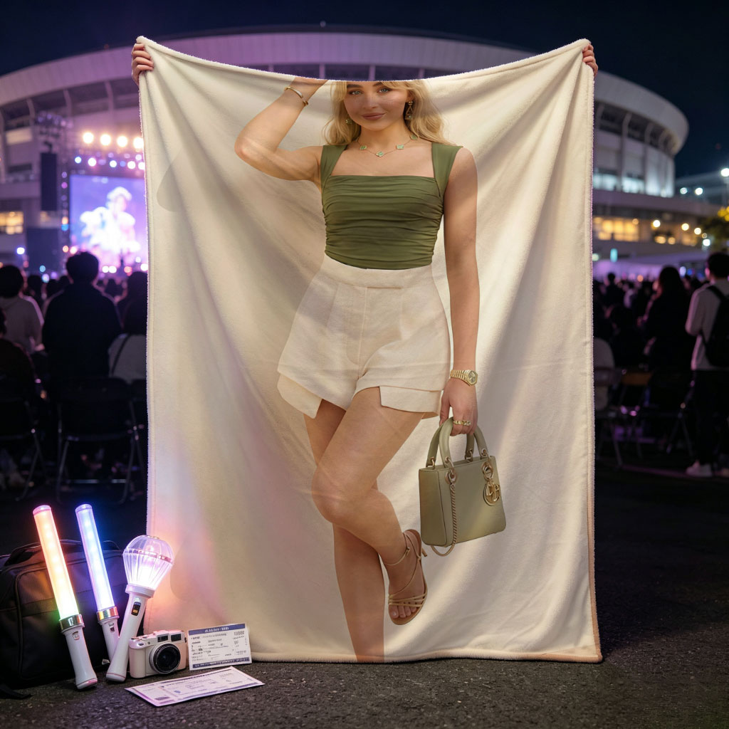 Sabrina Carpenter in a stylish summer outfit featuring a green ruched top and white shorts, accessorized with a matching handbag and gold heels. - Blankets