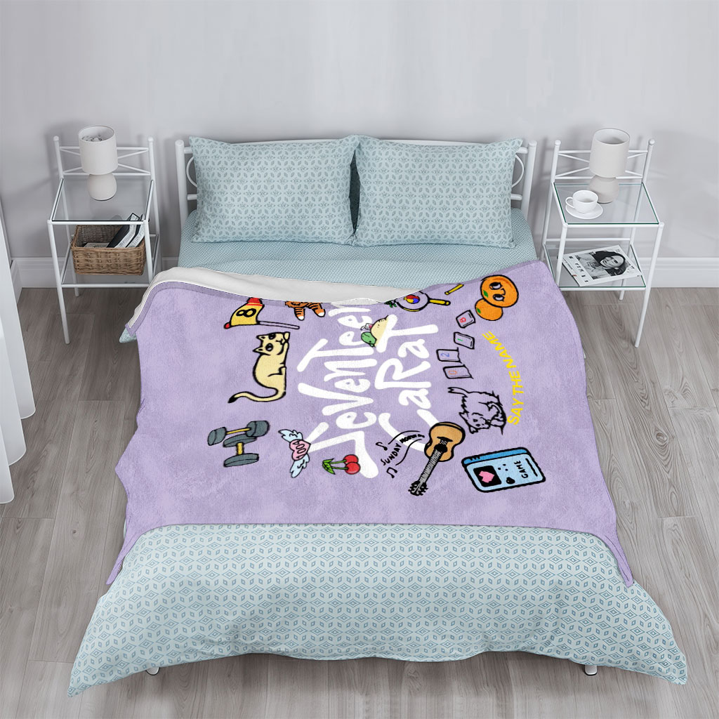 Seventeen Carat Say The Name Album Art Featuring Cats, Guitar, and Cute Icons - Blankets