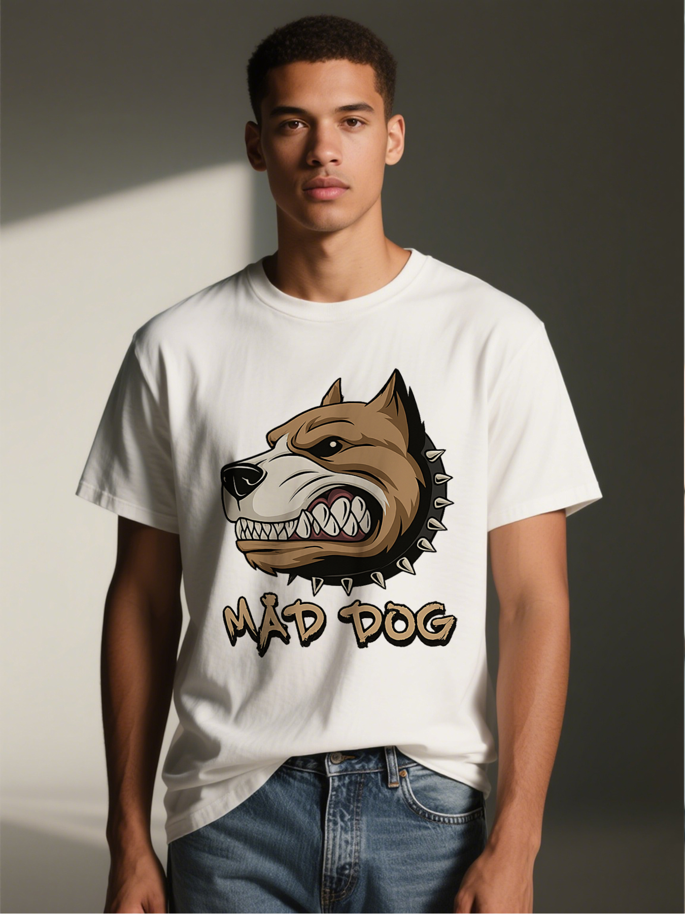 Men's Mad Dog Graphic Print T-Shirt, Angry Dog Head with Spiked Collar Design, Casual Round Neck Lightweight Breathable Summer Short Sleeve Tee for Outdoor Activities, Streetwear Fans and Dog Lover Enthusiasts