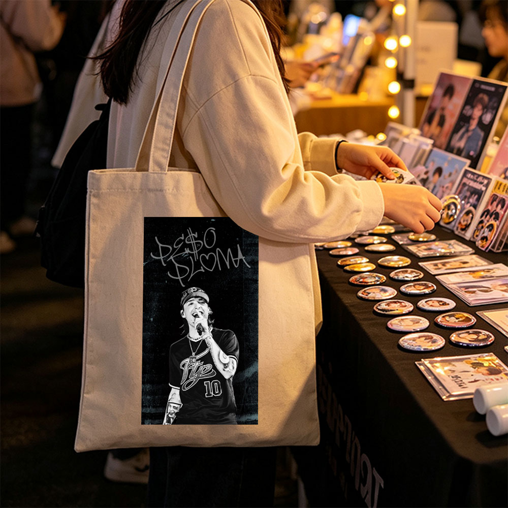 Peso Pluma Performing Live in Black and White Concert Photo - Canvas tote bags
