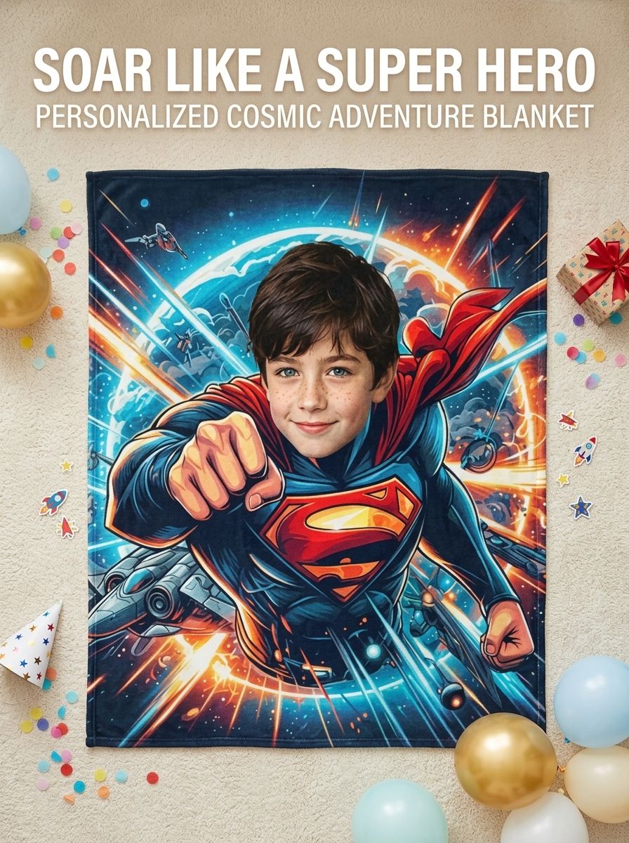 Custom Face Photo Superhero Flannel Fleece Blanket Personalized Comic Throw Cozy Bedding Gift for Kids and Adults