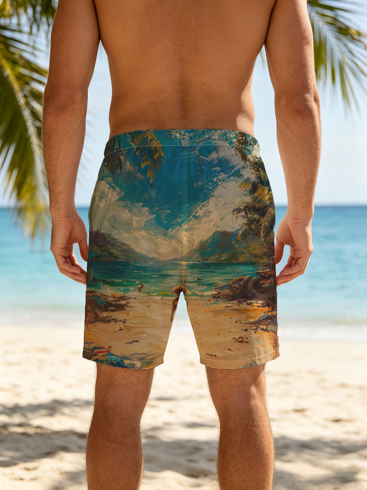 A woman walks on a tropical beach, framed by palm trees and turquoise waters under a vibrant sky. -  Beach shorts