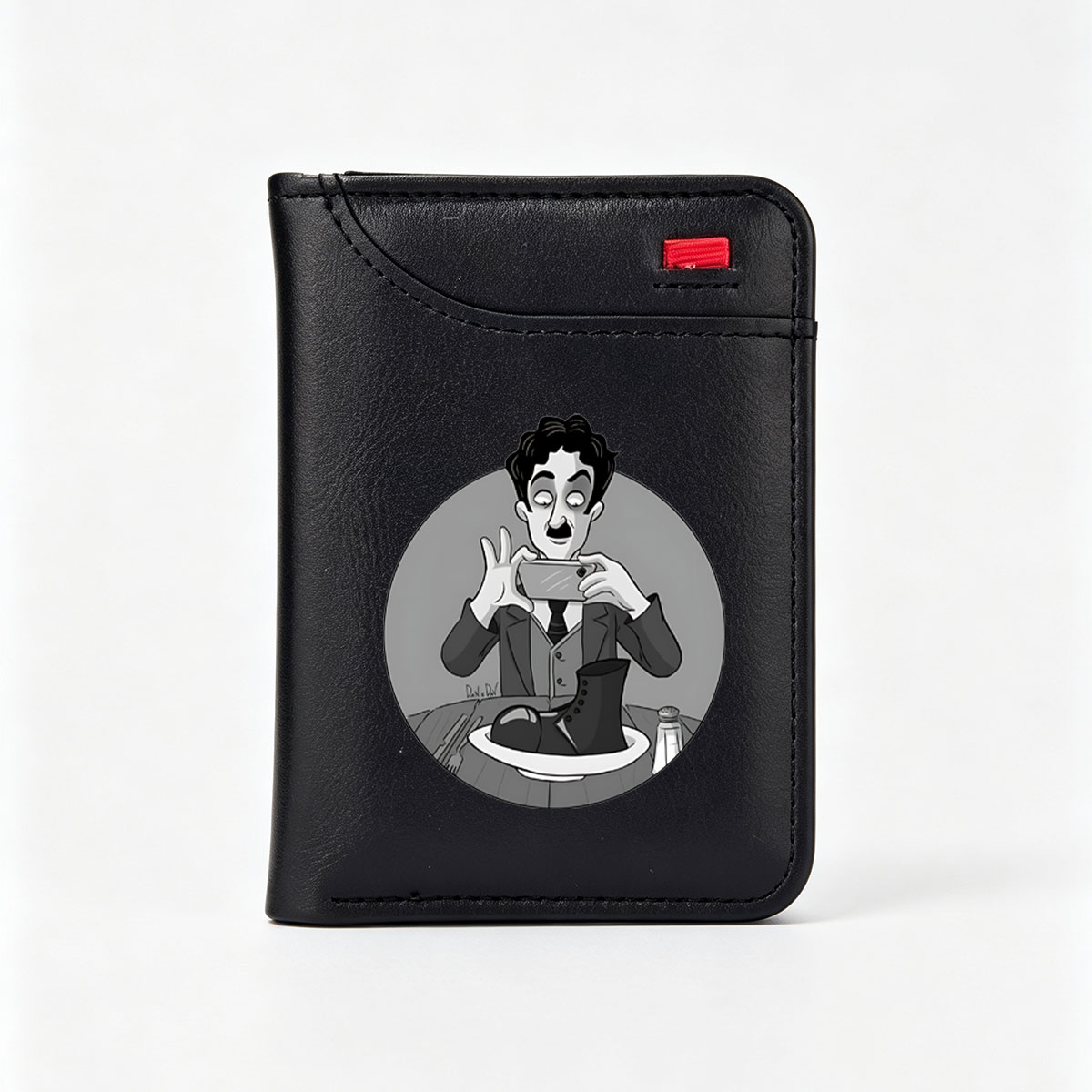Man in Suit Takes Photo of Boot on Plate - Vertical Style Wallet