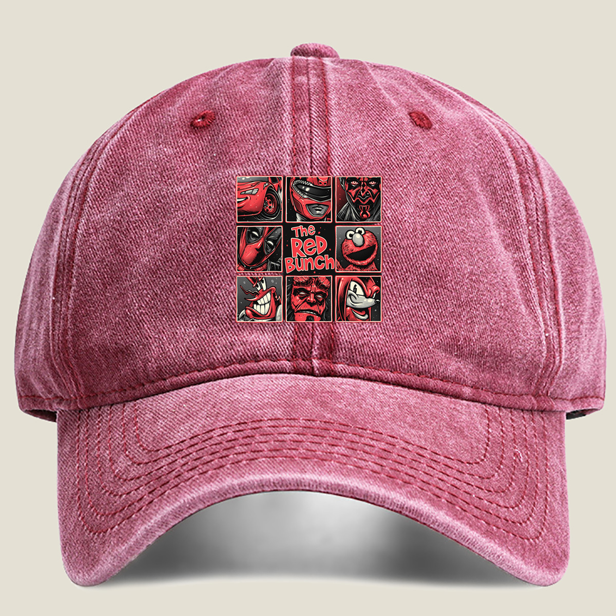 The Red Bunch: Lightning McQueen, Darth Maul, Deadpool, Elmo, Dr. Seuss's The Grinch, Hellboy, and Knuckles - Washed Denim - Baseball Cap