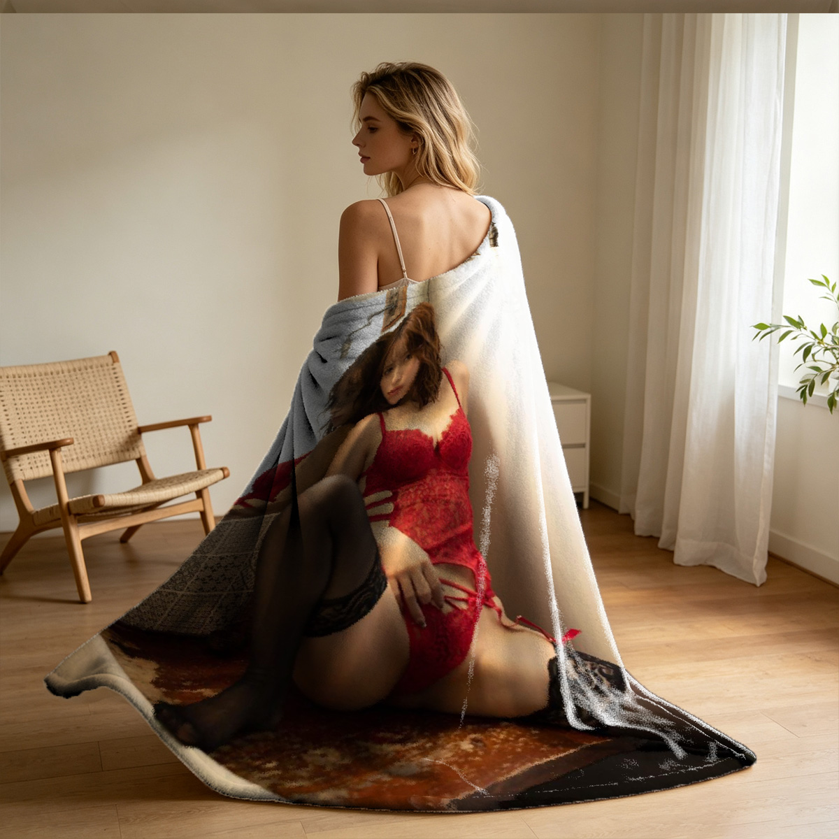 Nude Woman Relaxing on Bed in Forest Glade - Blanket