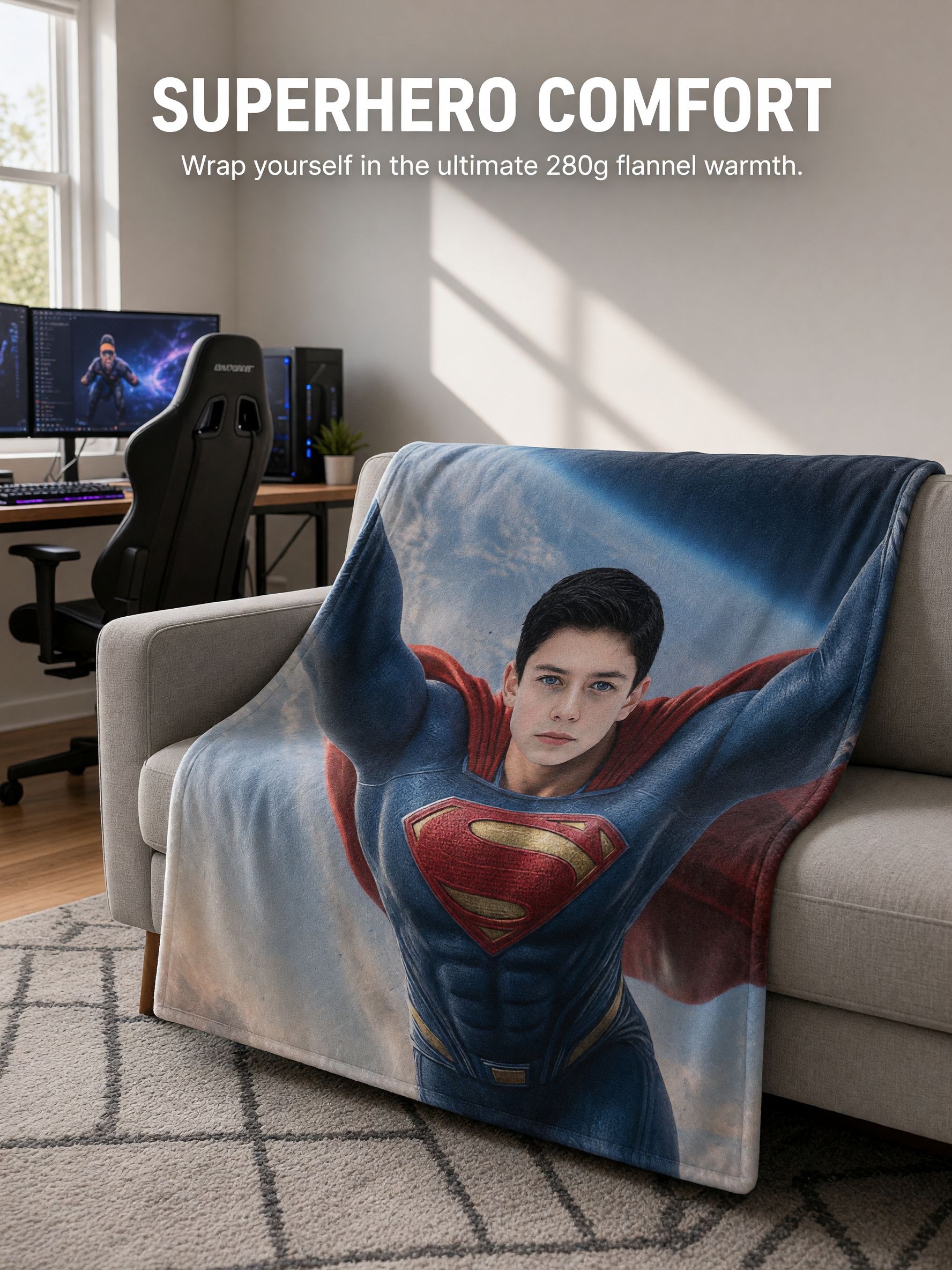 Custom Superhero Photo Blanket Personalized Face Flannel Fleece Throw Soft Warm Bed Couch Gift