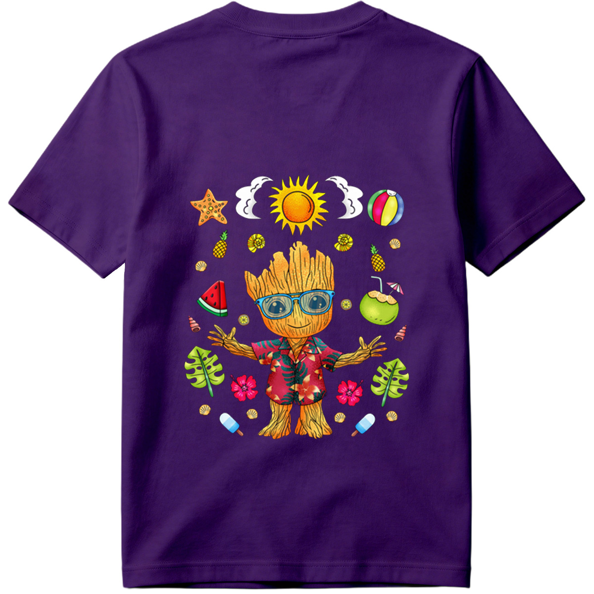 Groot in Hawaiian Shirt with Summer Elements - Tee
