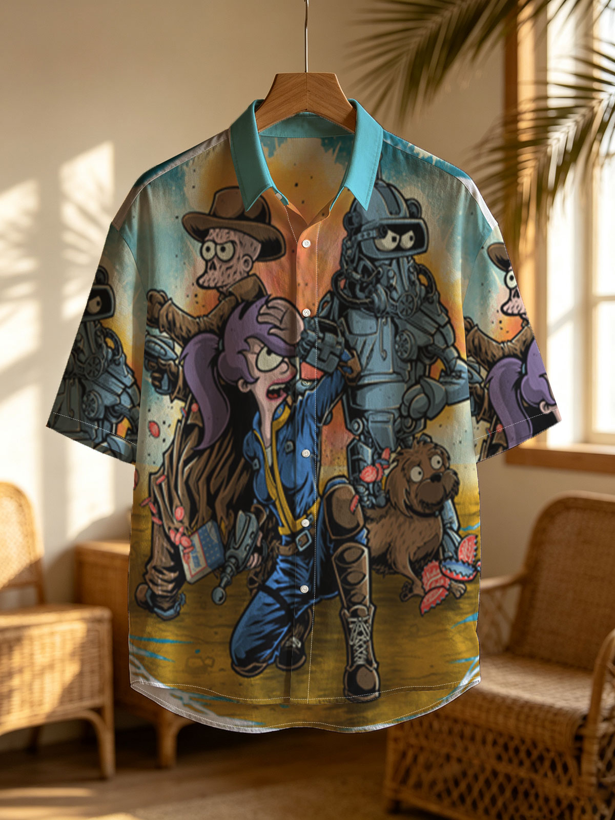 Fallout Characters: Vault Dweller, Robo-Soldier, Dogmeat, and Cowboy in Post-Apocalyptic Scene -  Shirt