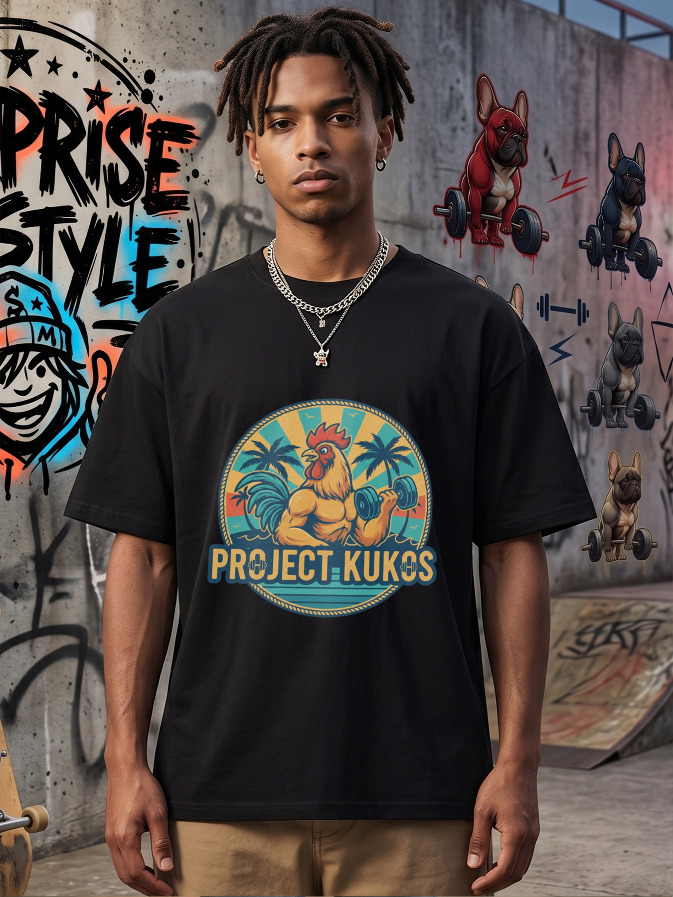 Men's Printed T-Shirt Project Kukos Muscular Rooster Lifting Dumbbells Tropical Palm Tree Design Casual Round Neck Summer Lightweight Breathable Short Sleeve T-Shirt for Gym Fitness Outdoor Activities Adults