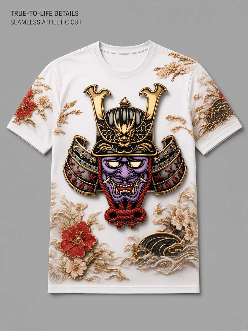 Japanese Samurai Oni Mask 3D Optical Illusion Graphic Tee Breathable Athletic Mesh T-Shirt for Casual and Sports Wear