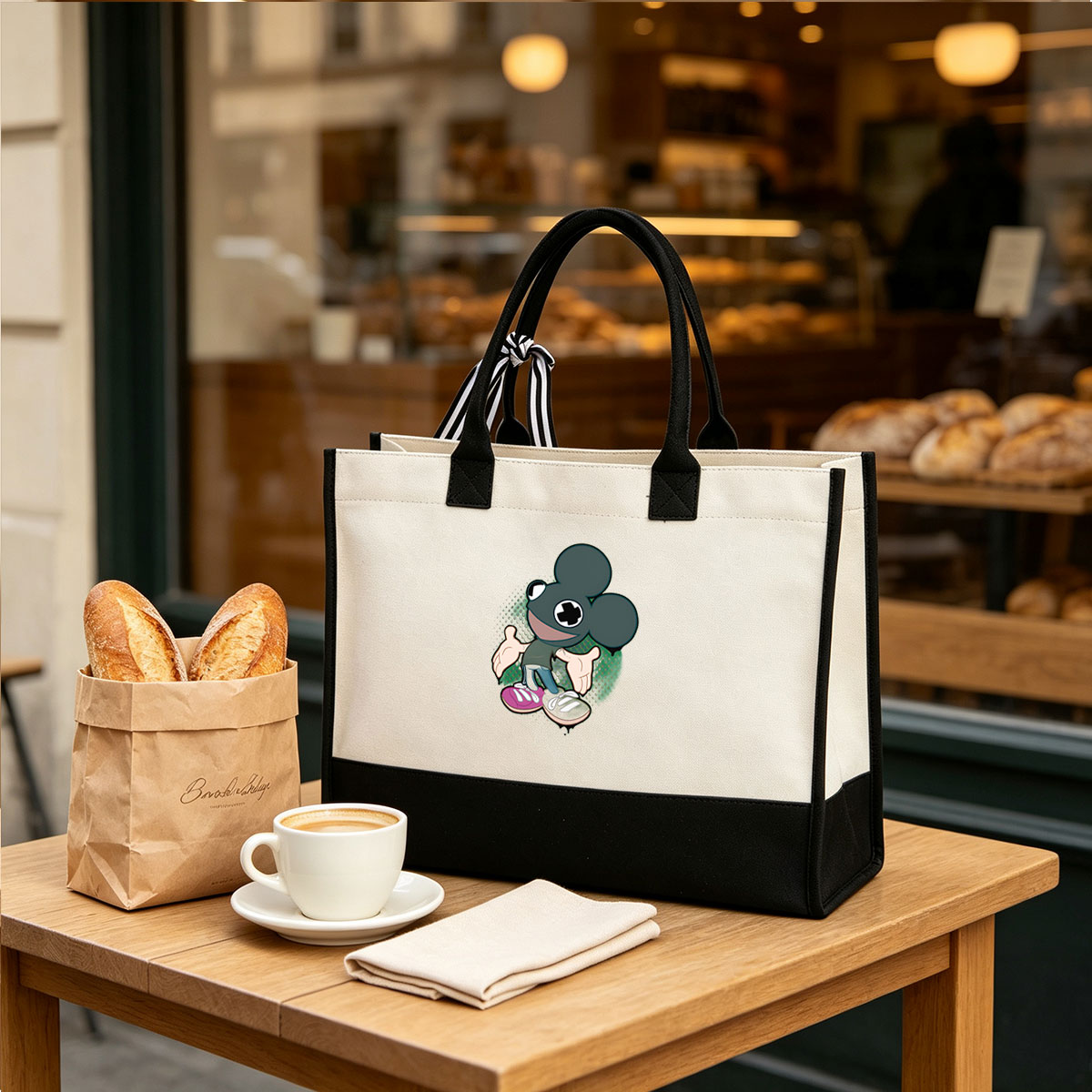 Mickey Mouse with Cross-Eyed Design and Colorful Shoes - Canvas patchwork gift tote bag