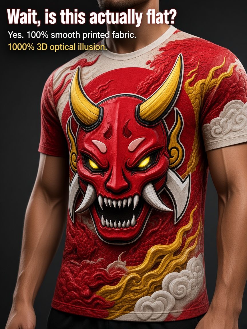 Japanese Oni Demon 3D Optical Illusion Graphic Tee Breathable Athletic Mesh T-Shirt for Casual and Sports Wear