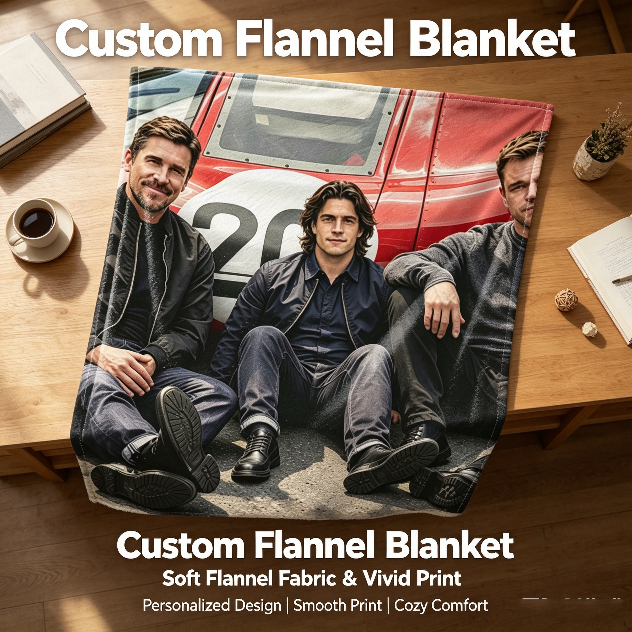 Custom Face Blanket Featuring Three Men in Front of Red Race Car Flannel Blanket Perfect for Home Decor or Cozy Nights Ideal Gift for Car Enthusiasts or Friends