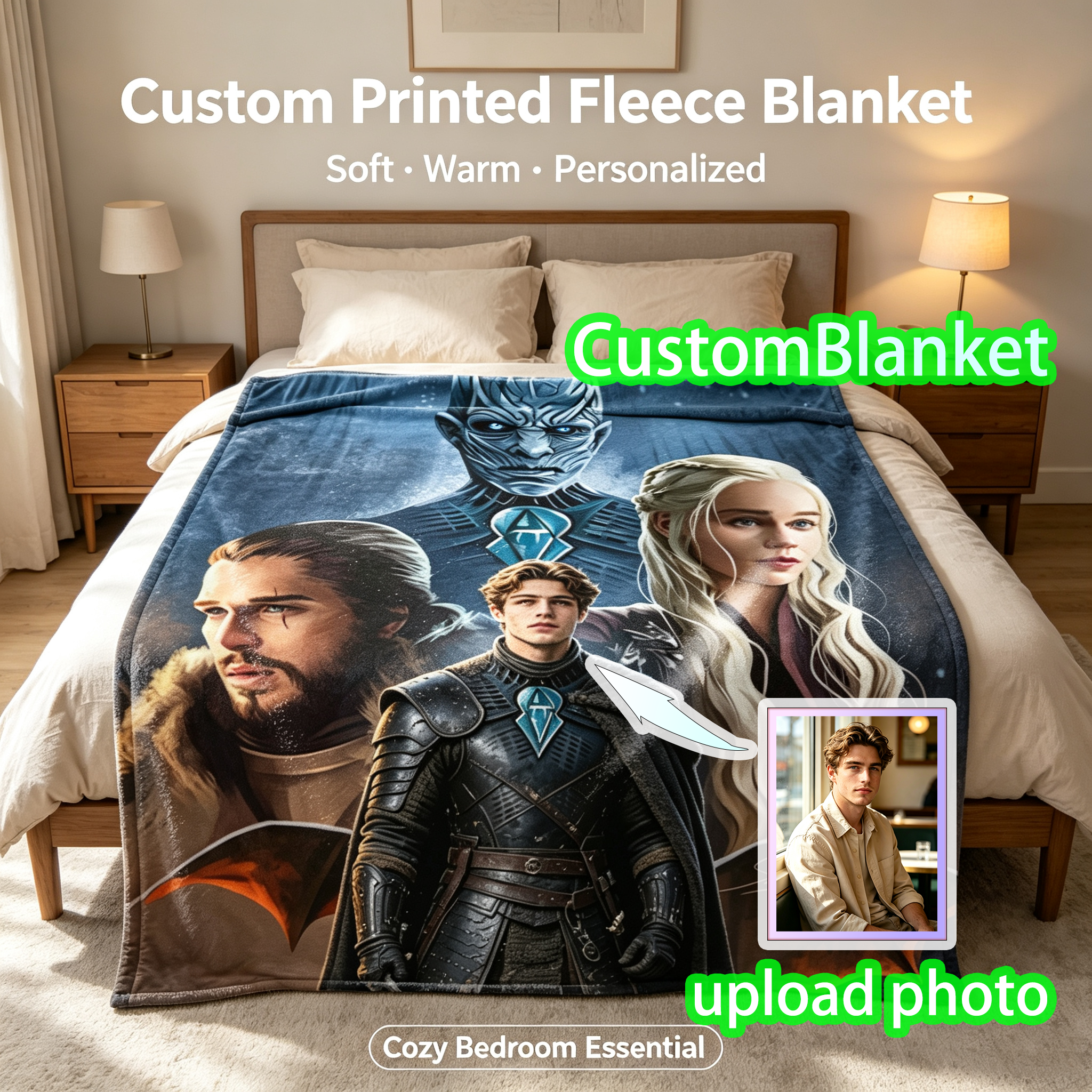 Custom Face Blanket Game of Thrones Characters Flannel Blanket for Couch, Bed, or Travel – Perfect Gift for Fans and Collectors