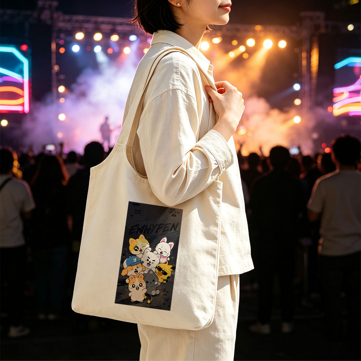 ENHYPEN Cute Cartoon Cats Group Pose on Dark Background Wallpaper - Canvas shoulder bags/