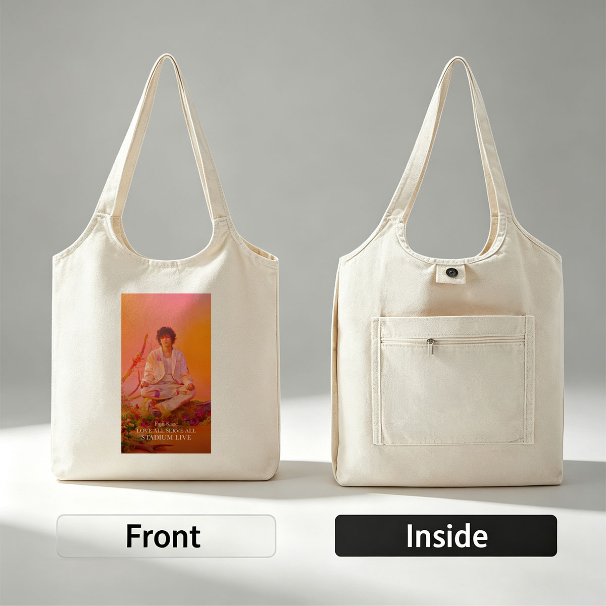 Fujii Kaze Meditating in a Vibrant Floral Landscape with Warm Sunset Background - Canvas shoulder bags/