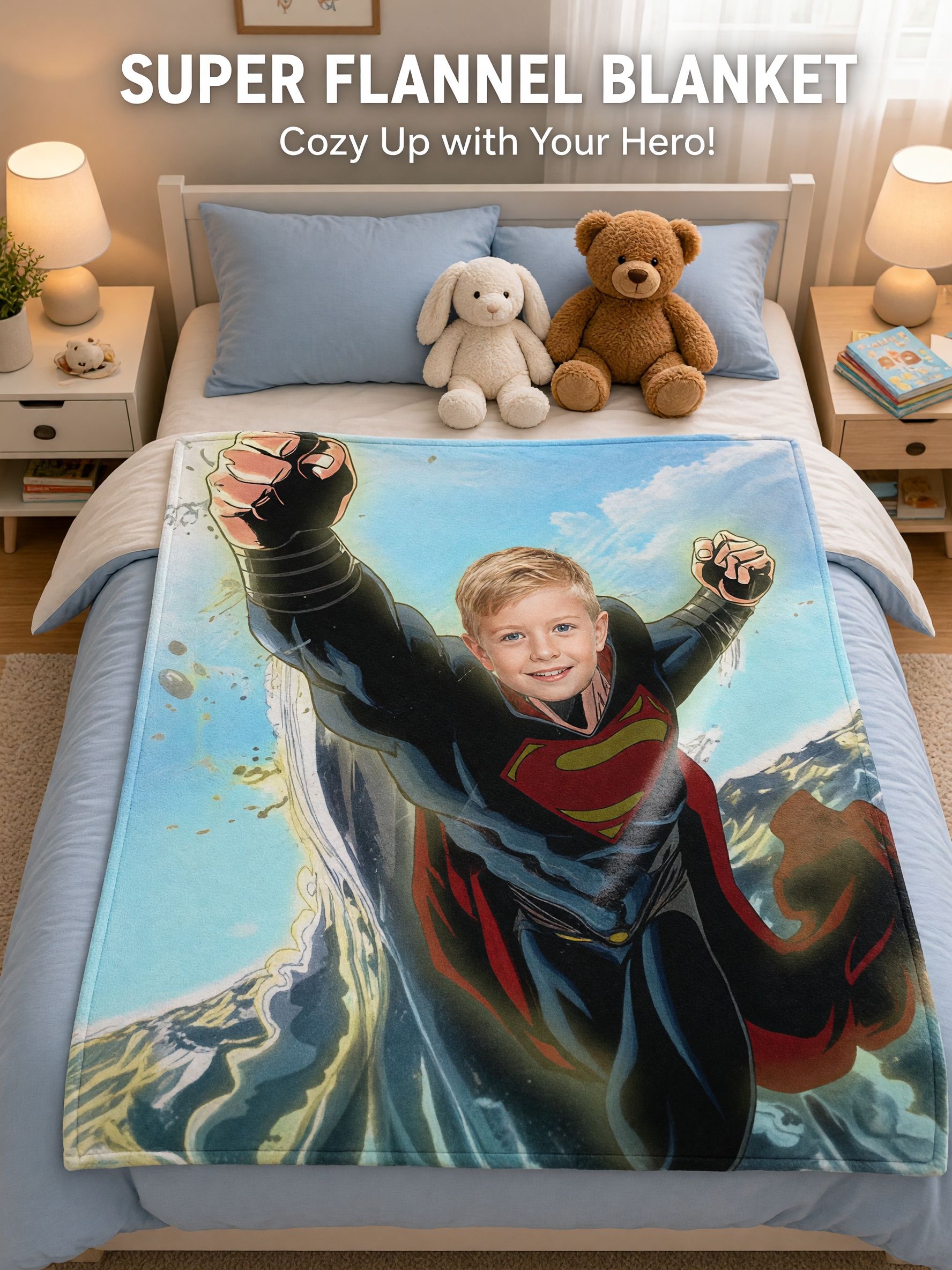 Custom Photo Superhero Flannel Fleece Throw Blanket, Personalized Ultra Soft Comic Hero Bedding for Kids and Adults
