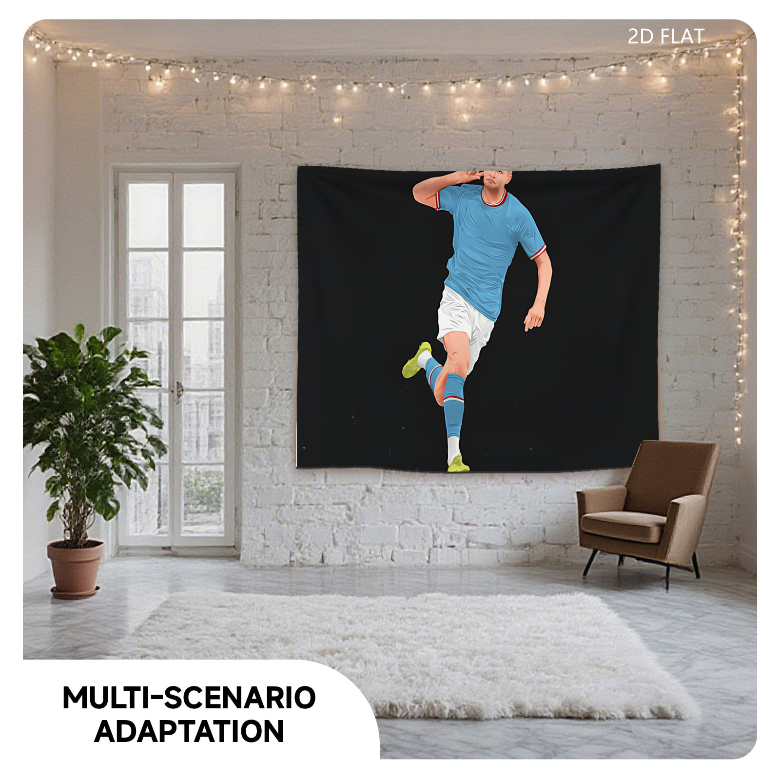 Erling Haaland in Action, Wearing Blue Jersey and White Shorts, Celebrating a Goal with a Finger to the Ear Gesture - Tapestry
