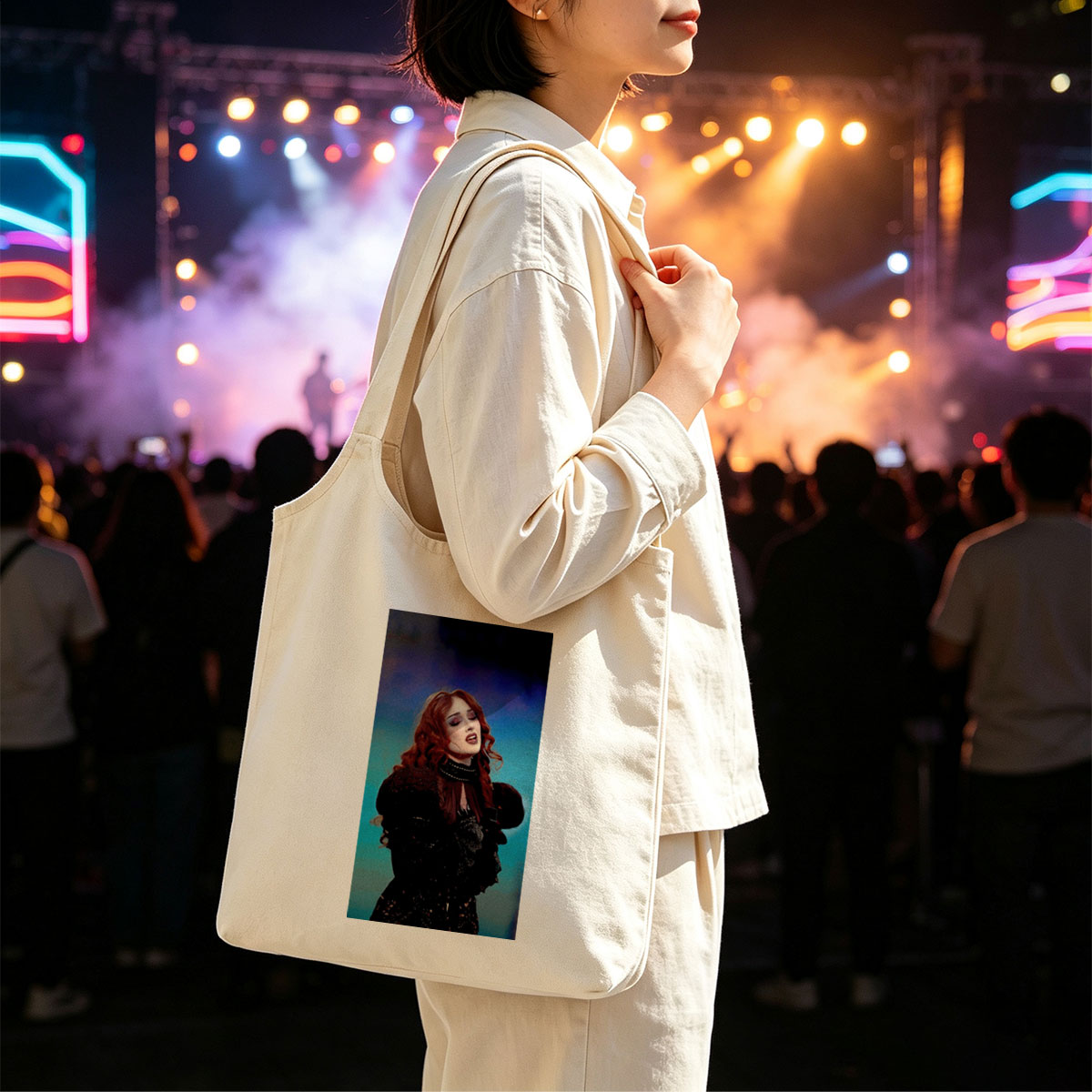 Chloe Grace Moretz in a Dramatic Performance Wearing a Black Lace Outfit with Red Hair and Intense Expression - Canvas shoulder bags/